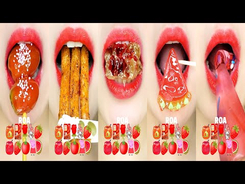 Asmr RED FOOD Eating Sounds 빨간색 음식 먹방 Honey Jelly  Emoji Mukbang