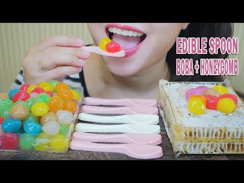 ASMR COLORFUL BOBA (TAPIOCA PEARLS) + HONEYCOMB + EDIBLE SPOON , EATING SOUNDS | LINH-ASMR