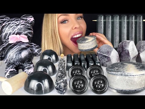 ASMR BLACK SESAME* SMASH CAKE, KYOHO GRAPE, CANDY BUTTONS, CHOCOLATE ROCKS, BLACK DESSERT MUKBANG 먹방