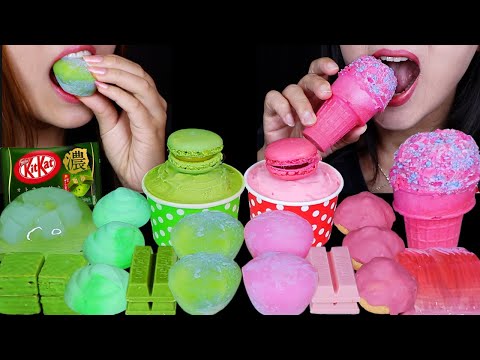 ASMR GREEN VS PINK DESSERTS (MOCHI ICE CREAM, MINI KITKATS, MARSHMALLOW POOP, MACARON, JELLY) 먹방