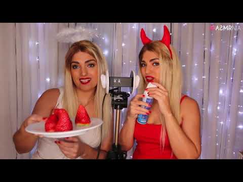 ASMR TWINS  👭| 3DIO EATING | COMIENDO  FRESAS CON NATA | ESPECIAL CARNAVAL