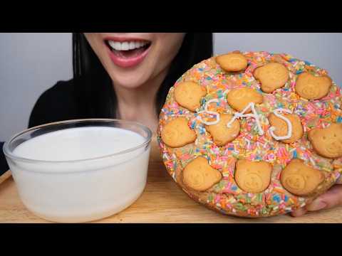 GIANT BIRTHDAY CAKE COOKIE + MILK (ASMR EATING SOUNDS) LIGHT WHISPERS | SAS-ASMR