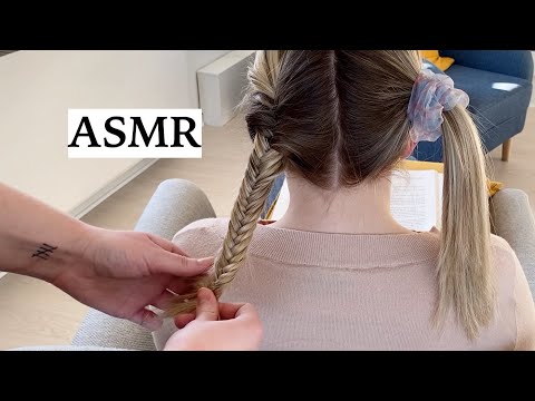 ASMR braiding my sister's hair ❤️ fishtail braid, spraying, styling, combing, hair play, no talking