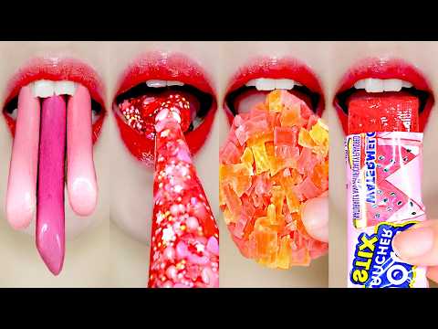 ASMR Mukbang! Red & Pink Snacks: Honey Jelly, Kohakuto, Marshmallow (CRUNCHY & CHEWY Sounds)