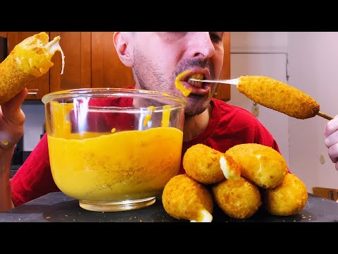 ASMR Cheese STUFFED + DIPPED Corn Dogs 먹방 #shorts