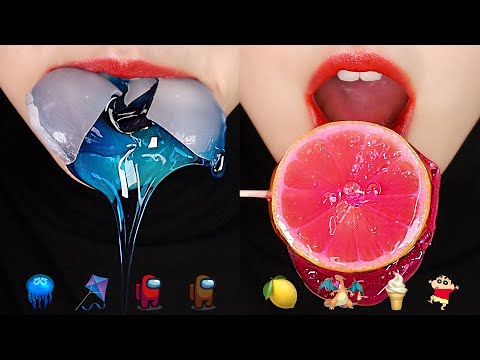 EMOJI FOOD ASMR CANDIED LEMON, HONEY JELLY WAX CANDY, AMONG US CHOCOLATE ASMR 🪼