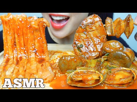 ASMR SPICY GIANT ABALONE + SALMON NOODLES ENOKI OYSTER MUSHROOMS EATING SOUND NO TALKING | SAS-ASMR