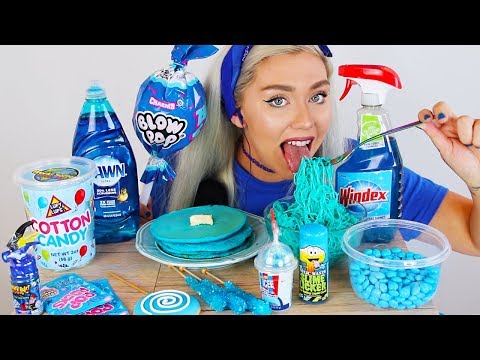 ASMR BLUE FOOD EDIBLE WINDEX (FAKE), DISH SOAP, ROCK CANDY, POP ROCKS EATING SHOW 먹방 MUKBANG