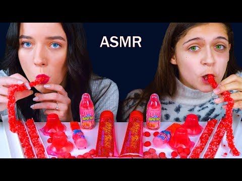 ASMR PINK CANDY RACE NERDS ROPE JELLY, BOTTLE POP, JELO CUPS, OOZE TUBE | Eating Sound Lilibu