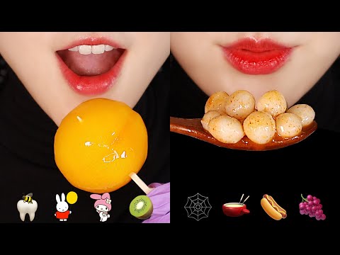 EMOJI FOOD CHALLENGE ASMR CANDIED FRUITS, TTEOKBOKKI ETC 🍑