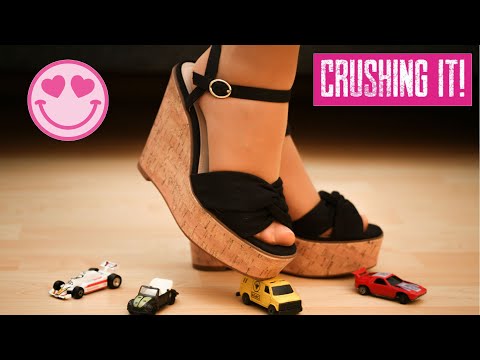 ASMR - Crushing toy cars with black wedge heels