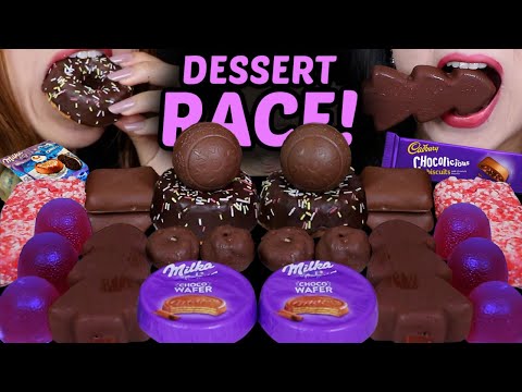 ASMR LEFTOVER DESSERT RACE! MILKA OREO SNOBALLS, CADBURY, SPRINKLE DONUTS, JELLY BALLS, CREAM PUFFS