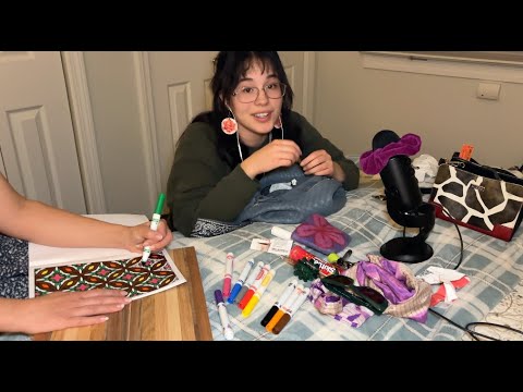 ASMR emptying the contents of my purse while my sister colors (ft. some background noise)