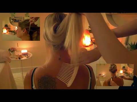 ASMR Extremely Tingly Hair Play & Brushing my Friends Hair with Neck & Shoulder Massage |Soft Spoken