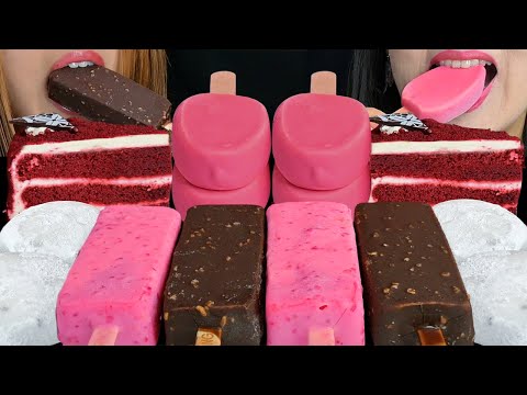 ASMR MINI STRAWBERRY ICE CREAM BARS, DAIFUKU CREAM MOCHI, RED VELVET CAKES, MINT ICE CREAM BARS 먹방