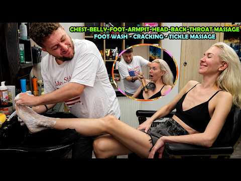 VERY TICKLE ARMPIT & FOOT MASSAGE FOR LADY + WASH + CRACKS + Chest,Belly,Throat,Head & Body Massage