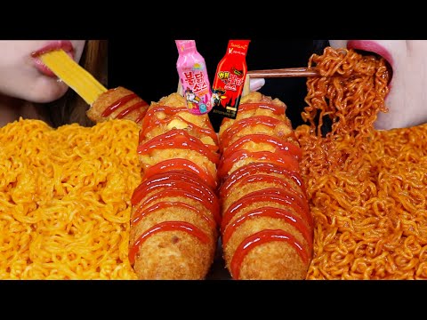 ASMR SPICIEST NOODLES CHALLENGE & CHEESY MOZZARELLA CORN DOGS! *BIG BITES* MUKBANG EATING SHOW 먹방