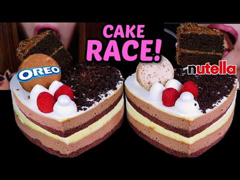 ASMR BIG OREO NUTELLA MOUSSE CAKE RACE! *big bites* soft creamy eating sounds 먹방
