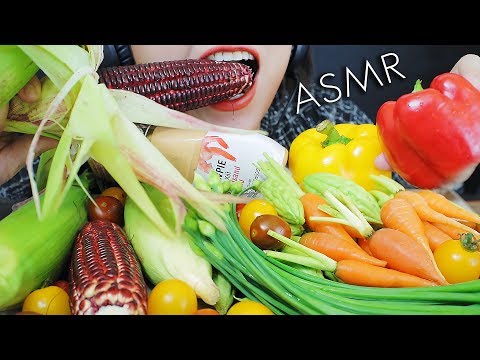 ASMR VEGETABLE PLATTER PUPPLE CORN CARROT CHIVE FLOWER BELL PEPPER TOMATO EATING SOUND | LINH-ASMR