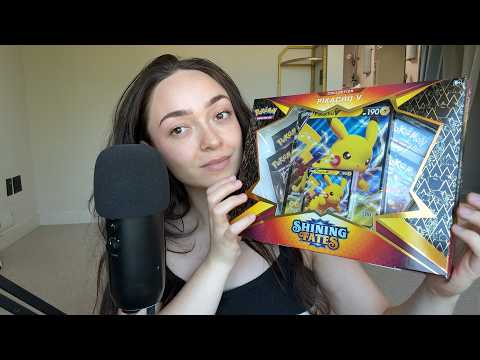 ASMR Pokemon Pikachu V Shining Fates Pack Opening on Blue Yeti Mic