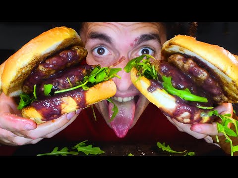 2X HUGE RASPBERRY SAUCE BURGERS WITH WINE POACHED APPLES * ASMR NO TALKING MUKBANG * NOMNOMSAMMIEBOY