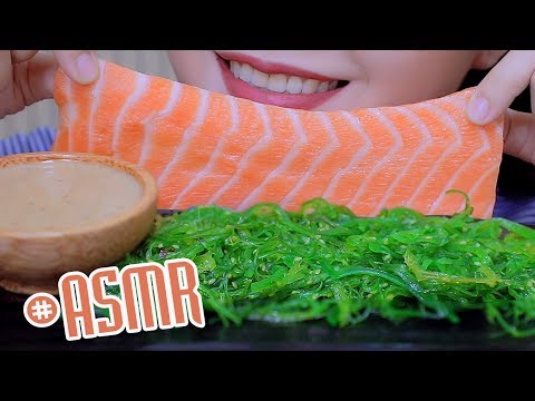 ASMR RAW SALMON WITH MIXED SEAWEED , SAVAGE EATING SOUNDS | LINH-ASMR