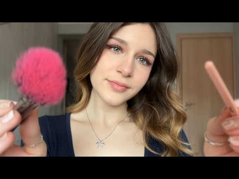 ASMR Tracing and Brushing your face, whispering, camera touching