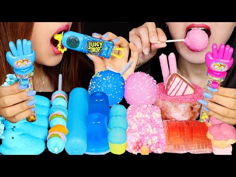 ASMR PINK + BLUE CAKE POPS, ICE CREAM BARS, GUMMY BURGER, PEEPS MARSHMALLOW, CUPCAKE, NERDS ROPE 먹방