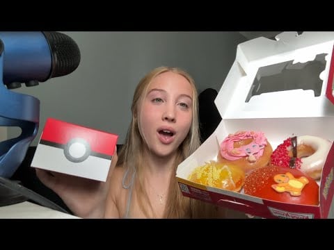 Asmr eating the Pokemon krispy kreme’s doughnuts 