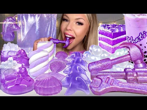 ASMR PURPLE FOOD, EDIBLE TOOLS, TAPIOCA BUBBLE TEA, EDIBLE BABY SHOES, TARO CAKE MUKBANG 먹방 HUNNIBEE