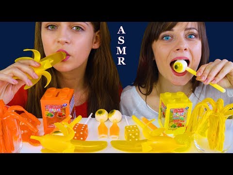 ASMR YELLOW VS ORANGE WAX STICKS GUMMY EYEBALLS, BANANA JELLY, TIK TOK JELLY FRUIT