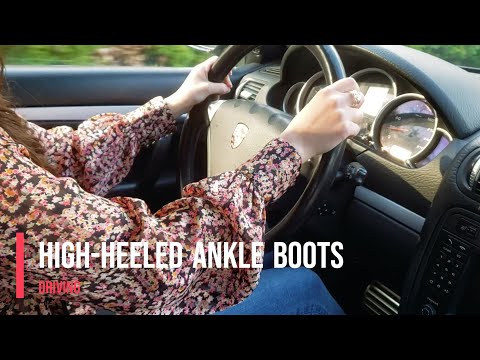 Beautiful girl driving in high-heeled ankle boots - Pedal View #porsche