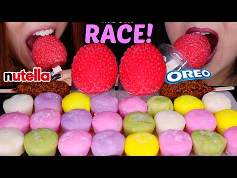 ASMR MOCHI ICE CREAM RACE! Viral Lychee fruit ice cream, rainbow mochi *soft and sticky* 먹방