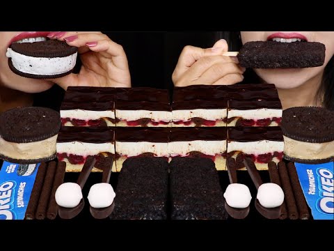 ASMR BLACK & WHITE DESSERTS (OREO ICE CREAM SANDWICH, DARK CHOCOLATE SPOONS, CHOCOLATE CHERRY CAKES)