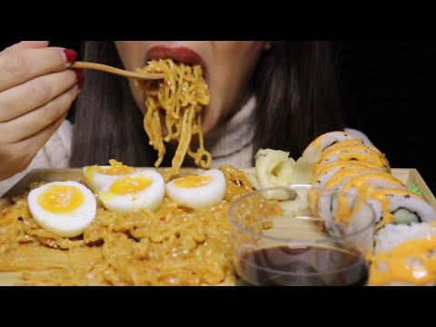 ASMR CHEESY CREAMY KIMCHI RAMEN NOODLES SUSHI MAKI ROLLS MUKBANG #asmr #mukbang #noodles #sushi