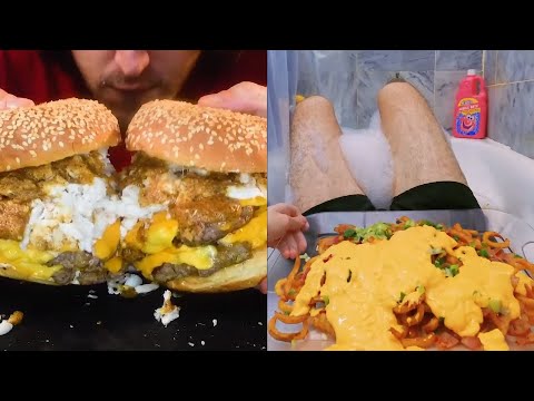 asmr eating GIANT CHEESE CRAB BURGER vs BACON CHEESE FRIES ! *stereo mukbang no talking*   주부 일상