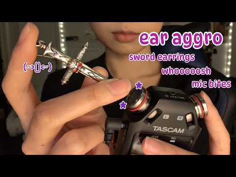 fast and aggressive asmr | mic scratch/taps, ear biting, whoooooosh, sword earring w/ whisper yaps