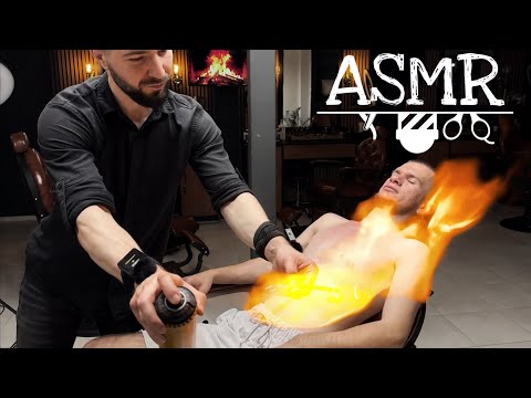 FIRE MASSAGE in the Barber Chair – Chest & Arms Like Never Before!