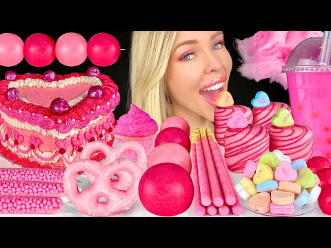 ASMR PINK DESSERTS MUKBANG, VALENTINES VINTAGE CAKE, CHOCOLATE COVERED PRETZELS, STRAWBERRY JELLO 먹방