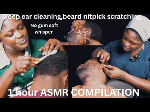 ASMR compilation, beard nitpicking, ear cleaning, scalp scratching, deep head massage, relaxation.