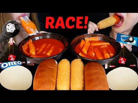 ASMR SPICY TTEOKBOKKI RACE! BIG STRETCHY MOCHI, CORN DOGS, OREO ICE CREAM CONE, TRIANGLE KIMBAP 먹방
