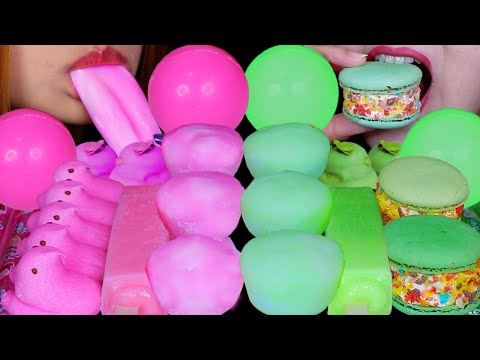 ASMR PINK VS GREEN DESSERTS! MOCHI ICE CREAM, CHOCOLATE BOMB BALL, PEEPS MARSHMALLOW, BIG MACARON 먹방