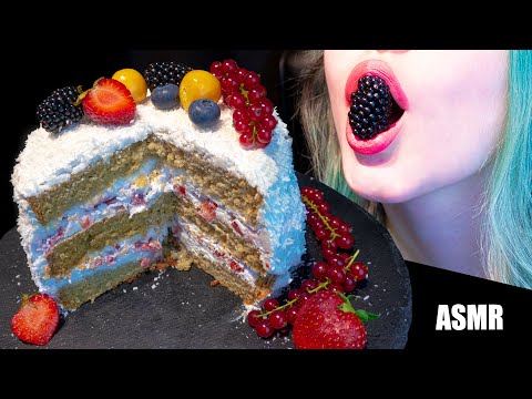 ASMR: 3 LAYER STRAWBERRY COCONUT CAKE | Birthday Cake Big Bites 🍰 ~ Relaxing Eating [No Talking|V] 😻