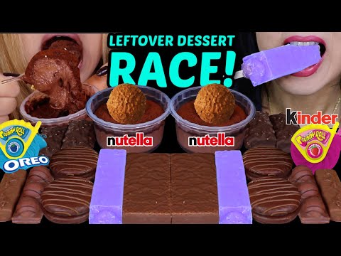 ASMR LEFTOVER DESSERT RACE! NUTELLA CHOCOLATE MOUSSE CAKE, PURPLE ICE CREAM BAR, GUMMY ROLL CANDY 먹방