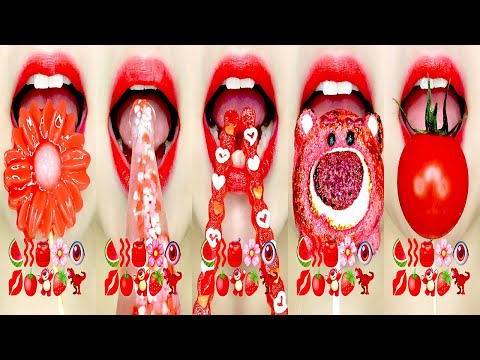 RED EMOJI FOOD EATING SOUNDS 빨간색 이모지 입술 먹방 ASMR MUKBANG [BUNNY EATING]