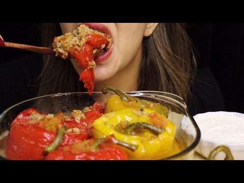 ASMR JUICY DOLMA MAHSHI BELL PEPPER HOT MUKBANG no talking CREMA ASMR #asmr #mukbang #dolma #mahshi