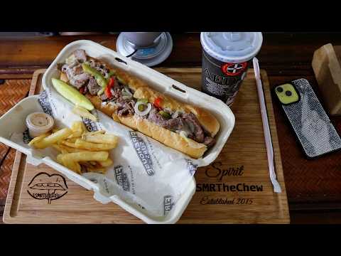 Trying Firehouse Steak And Cheese Sub With Fries + Pickle Sweet Ice Tea ASMR Eating Sounds