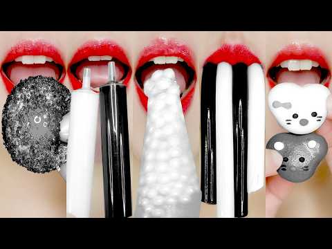 Black & White Snacks ASMR 🖤🤍Honey Jelly, Popping Lips Eating Sounds Mukbang