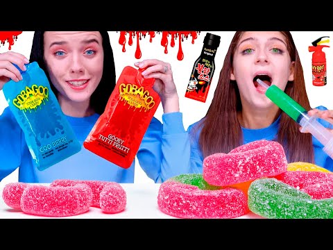 ASMR Red Food VS Blue VS Pink Food Candy Race Challenge With Closed Eyes Compilation