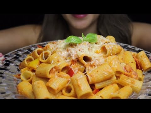 ASMR CREAMY FETA CHEESE RIGATONI PASTA BELL PEPPERS MUKBANG NO TALKING CREMA#asmr #mukbang #pasta